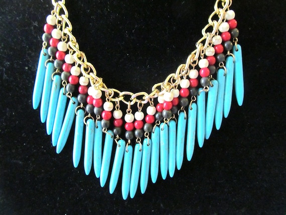 Statement Collar Beaded Necklace, Gold Tone Turquoise Color Beads