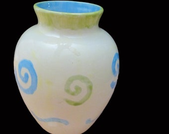 Signed Yellow Blue Vase, Swirl Pottery Vase