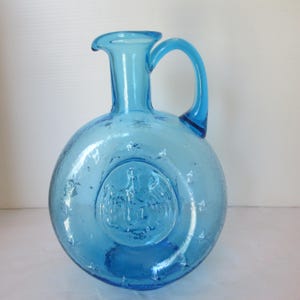 Pretty Blue Glass Jug with Eagle, Colored Glass Jug