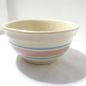 McCoy Pottery Mixing Bowl #7 — Pink & Blue Stripe Stoneware, Ovenproof USA, 7"