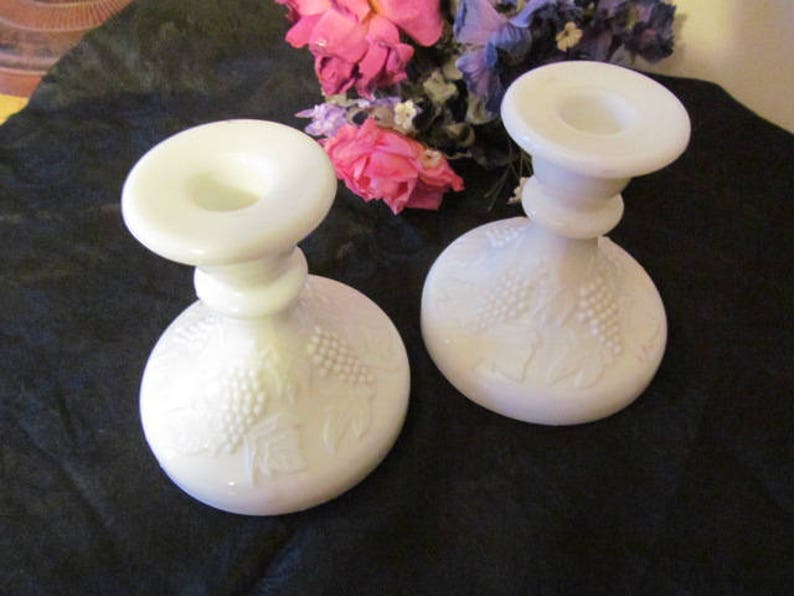 L.E. Smith Vintage Milk Glass Candle Holders Grape Cluster & Etsy