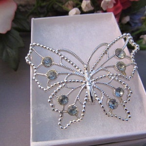 Blue Rhinestone Butterfly Brooch Silver Tone Pin Vintage