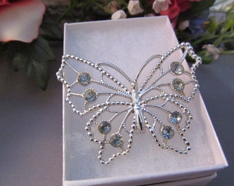 Blue Rhinestone Butterfly Brooch Silver Tone Pin Vintage