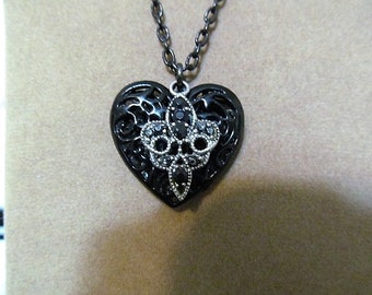 Black Enamel Filigree Heart Rhinestone Necklace Jonas