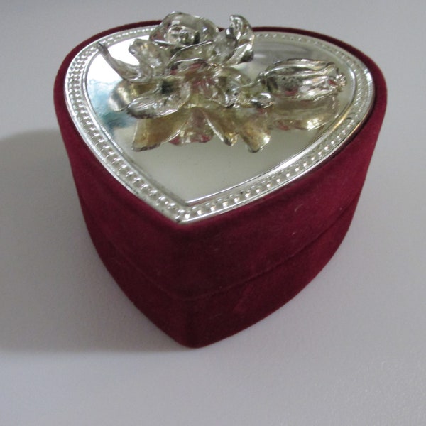 Heart Trinket Box Silver Tone Rose  Mirrored Top Burgandy Sides