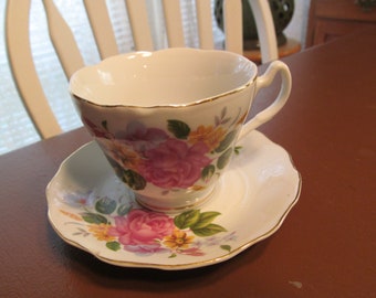 Vintage Ceramic Pink Floral Teacup and Saucer Set