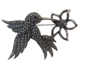 Hummingbird Flower Brooch Pin Silver Tone Avon Vintage