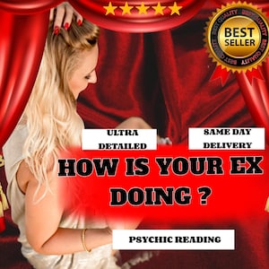 Puede incluir: Imagen con una mujer de pelo rubio, cortinas rojas y texto que dice "HOW IS YOUR EX DOING?" y "PSYCHIC READING." Un sello dorado dice "BEST SELLER."