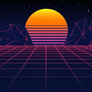 May include: Retro-style digital art featuring a vibrant sunset with orange and pink hues, set against a dark blue sky. Geometric mountains and a grid-like foreground add depth, evoking a sense of the 1980s aesthetic.