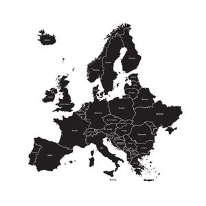 Puede incluir: Un mapa en blanco y negro de Europa, que muestra los países y sus fronteras. Cada país está relleno de negro, con texto blanco que indica los nombres de los países. El mapa es un diseño gráfico simple.