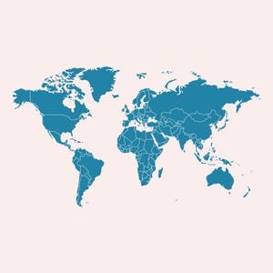 May include: A teal world map with country outlines, displayed on a pale pink backdrop. The continents are distinct, including North and South America, Europe, Asia, Africa, and Australia. The map is a simplified, two-dimensional illustration.