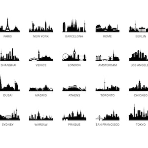 Könnte beinhalten: Eine Sammlung schwarzer Silhouette-Illustrationen von Stadtlandschaften, darunter Paris, New York, Barcelona, Rom, Berlin, Shanghai, Venedig, London, Amsterdam, Los Angeles, Dubai, Madrid, Athen, Toronto, Chicago, Sydney, Warschau, Prag, San Francisco und Tokio.