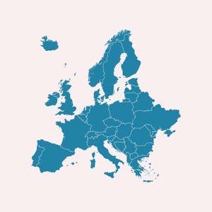May include: A teal-colored map of Europe, showing the geographical outlines of the continent and its countries. The map is set against a light beige background, with clear borders delineating each nation.