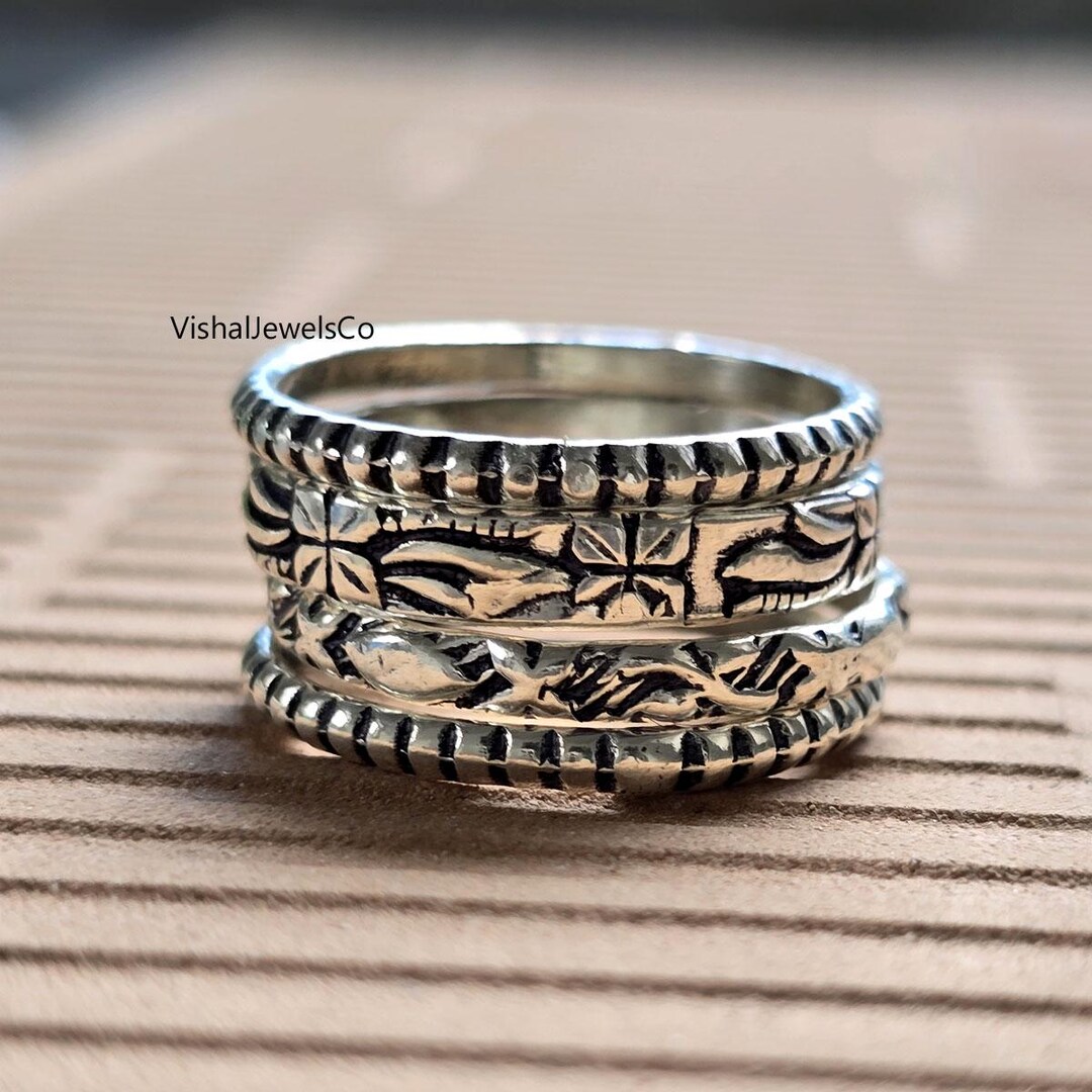 Oxidized Sterling Silver Stackable Rings | Boho Etched Band Set - Etsy