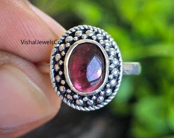 Anillo de plata de ley oxidada con granate / Joyería bohemia llamativa
