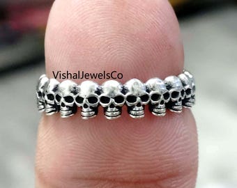 Sterling Silver Skull Band Ring | Gothic Biker Jewelry