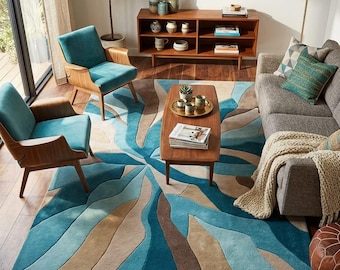 Abstract Blue Tufted Wool Rug, Modern Geometric Area Carpet, Plush Living Room Decor
