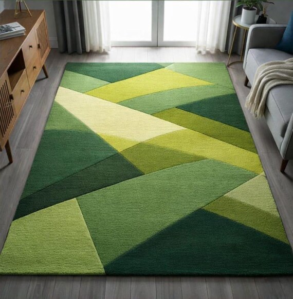 Handmade Green Geometric Tufted Rug, Modern Abstract Carpet, Custom Size Living Room Decor