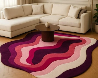 Tappeto astratto a onde fatto a mano, tappeto moderno irregolare rosa e rosso, morbido e lussuoso complemento d'arredo per la casa.