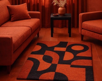 Modern Retro Orange & Black Mid Century Abstract Pattern Carpet  Bold Geometric Area Rug  Living Room Accent Decor
