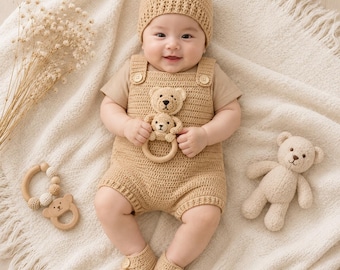 Handmade Crochet Baby Bear Set | Baby Romper Shirt Hat Socks | Neutral Newborn Outfit | Baby Shower Gift | Knit Infant Clothes