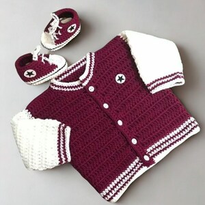 Handmade Crochet Baby Varsity Jacket | Custom Colors | Personalized Toddler Cardigan | Infant Gift Outfit for Boys & Girls