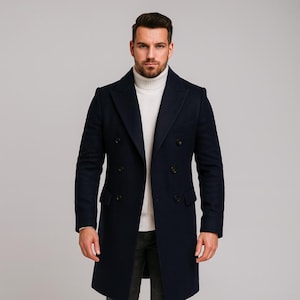 Maßgeschneiderter Mantel aus Wollgemisch: Eleganter zweireihiger langer Mantel