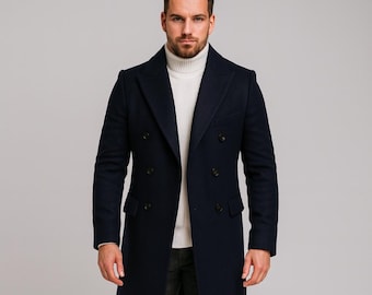 ネイビーウールロングコート - スリムフィット ダブルブレスト メンズ