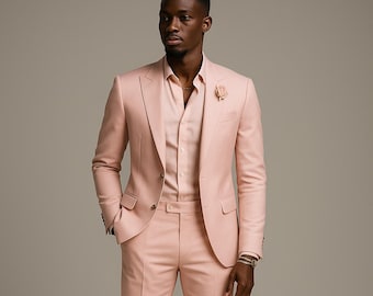 Men Pink Peach 2Pc Suits For Men Prom Wedding Groom Suit
