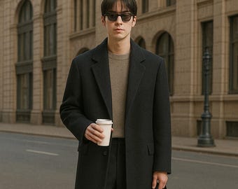 メンズ ロイヤルブルー ツイード オーバーコート：ダブルブレスト