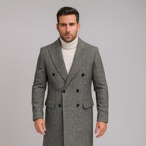 Men’s Grey Herringbone Wool Overcoat | Tailored Double-Breasted Long Coat | Classic Winter Outerwear | Custom Made Full-Length Coat