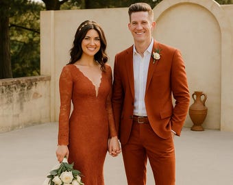 Brides Matching Rust Two Piece Suit: Tailored Fit Wedding & Formal Attire, Grooms