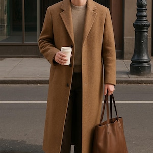 May include: A tan wool-blend overcoat worn over a beige crewneck sweater and dark brown trousers. The outfit includes black leather shoes, dark round sunglasses, a white disposable coffee cup, and a large brown leather tote bag with dual handles.