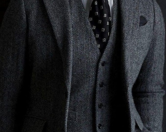 Men's Custom Tweed Herringbone Suit: Winter Street Style Three Piece Groom Wear