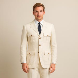 Men&#39;s Cream Safari Suit: Tailored Fit Wedding & Event Attire