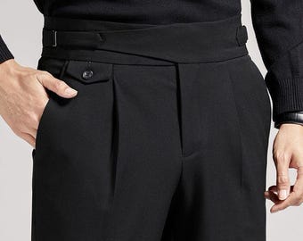 Mens Black Gurkha Trousers | High Waisted Pleated Dress Pants | Side Adjuster Trousers