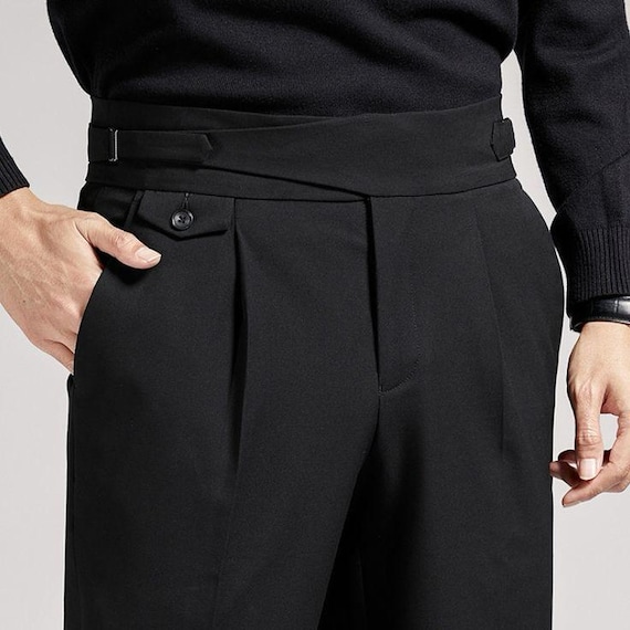 Mens Black Gurkha Trousers | High Waisted Pleated Dress Pants