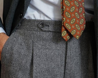 Men Grey Herringbone Tweed Wool Pant High waisted Pleated Trousers