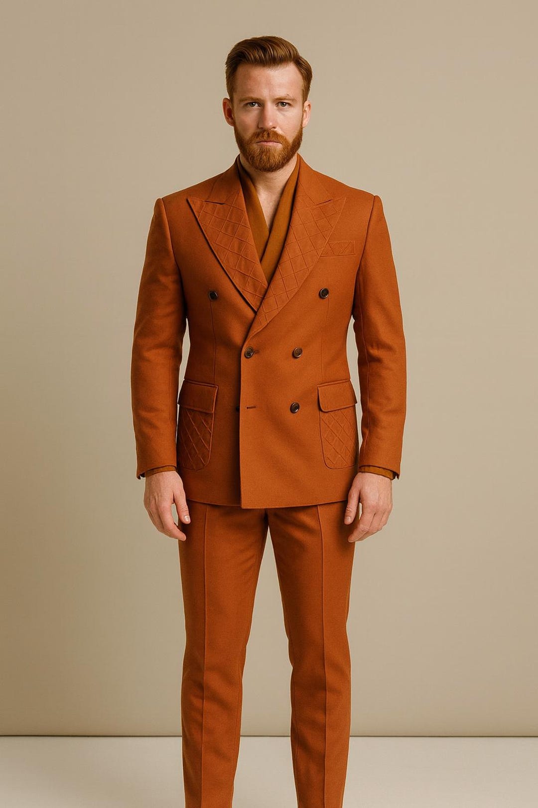Men Rust Double-breasted Suit: Hand-worked Lapel, Luxury Tailored Fit ...