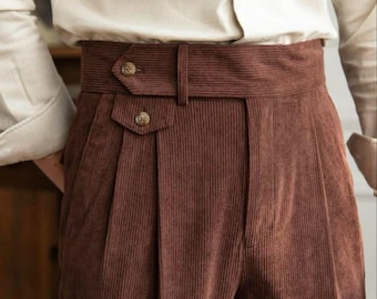 Pantalones de pana marrón de cintura alta para hombre / Pantalones plisados / Pantalones clásicos para hombre