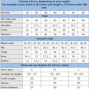 May include: A size chart for coats and trousers, with measurements in inches. The chart includes US sizes, shoulder, chest, stomach, waist, hip, thigh, knee, and bottom measurements. It also provides size labels and suitable heights.