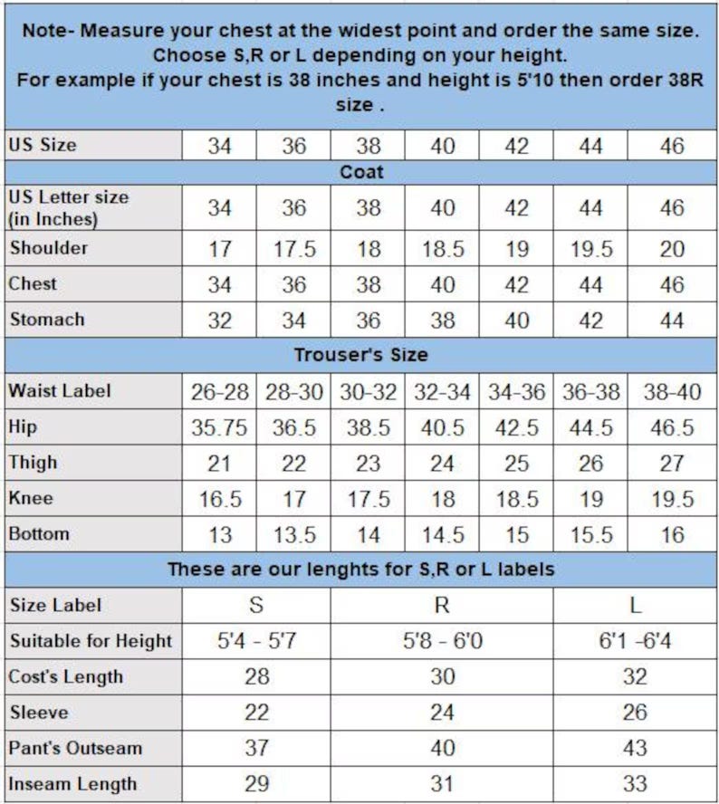 May include: A size chart for coats and trousers, with measurements in inches. The chart includes US sizes, shoulder, chest, stomach, waist, hip, thigh, knee, and bottom measurements. It also provides size labels and suitable heights.