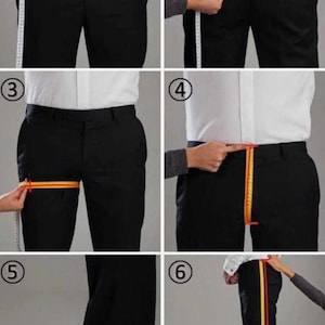 May include: A series of six images demonstrating how to measure for tailored pants. The images show measurements being taken around the waist, hips, thigh, and inseam using a yellow measuring tape and a white measuring tape.