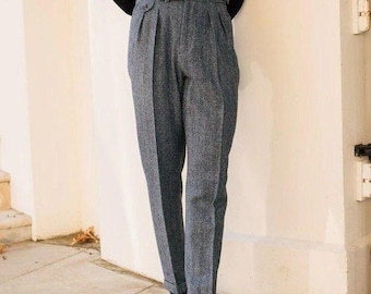 Grey Herringbone Tweed Gurkha Pants - High Waisted Pleated Wool Trousers