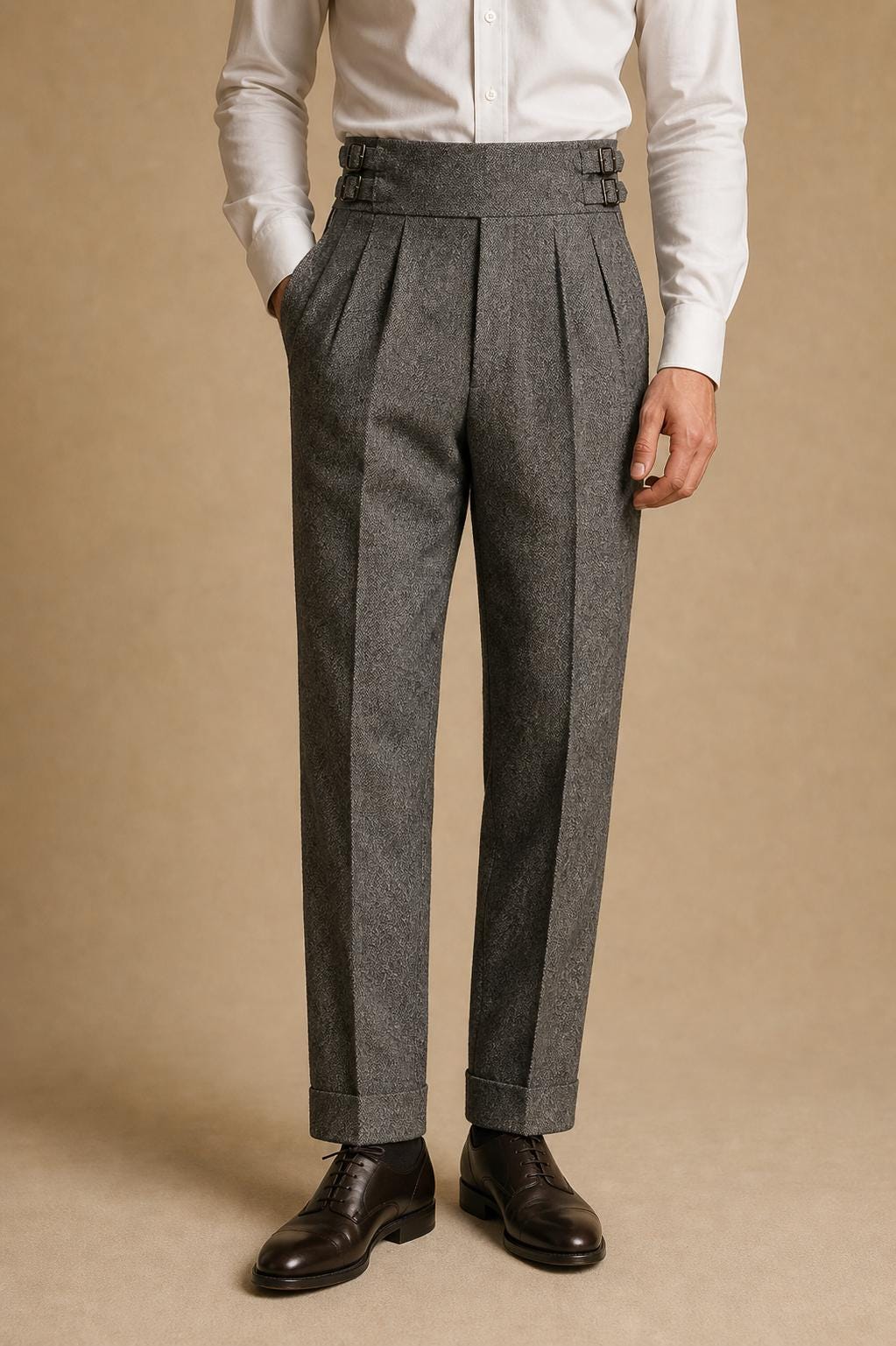Men's Grey Gurkha Trousers, High Rise Pleated Dress Pants, Side