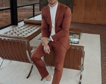 Men Rust Suit 2pc : Slim Fit Wedding Groom Prom