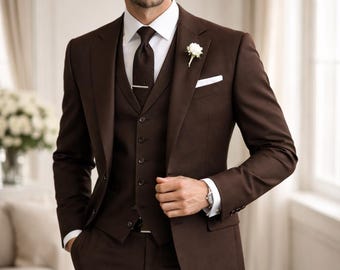 Men Dark Brown 3-Piece Suit, Custom Tailored Slim Fit Formal Wear