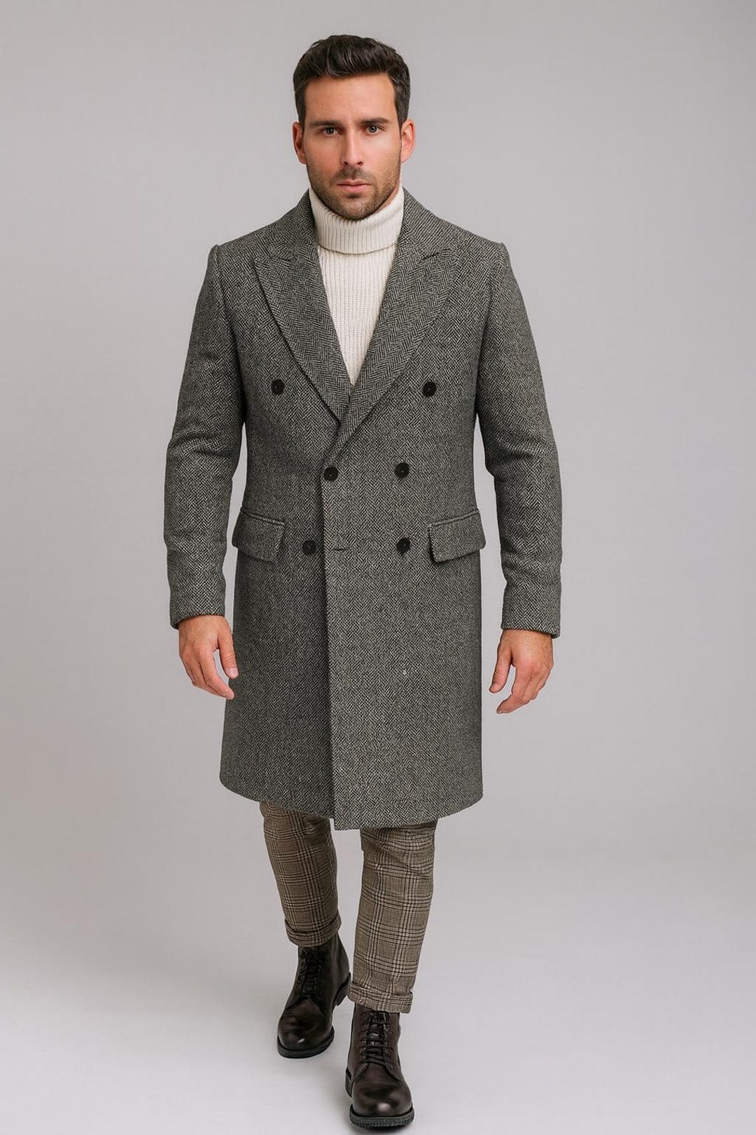 t*a様 【美品】ohotoro herringbone double coat Tailored Grey Herringbone Wool Overcoat: Double-breasted Winter