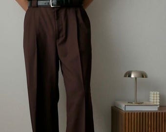 Mens Brown Wide Leg Pleated Trousers | 70s High Waist Dress Pants | Pants for Men