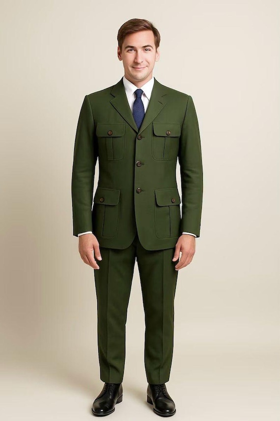 Men's Green Safari Suit: Tailored 2-Piece Wedding & Event Attire